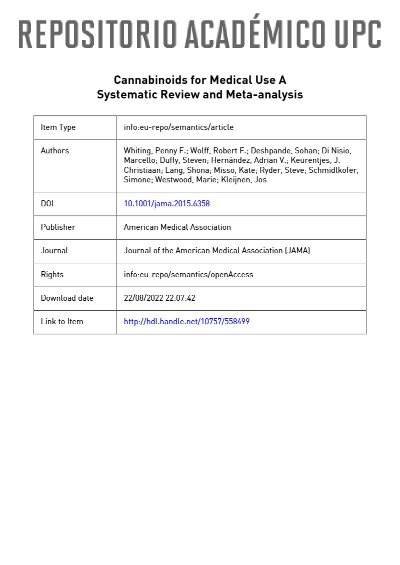 Capa: Cannabinoids For Medical Use a Systematic Review And Meta