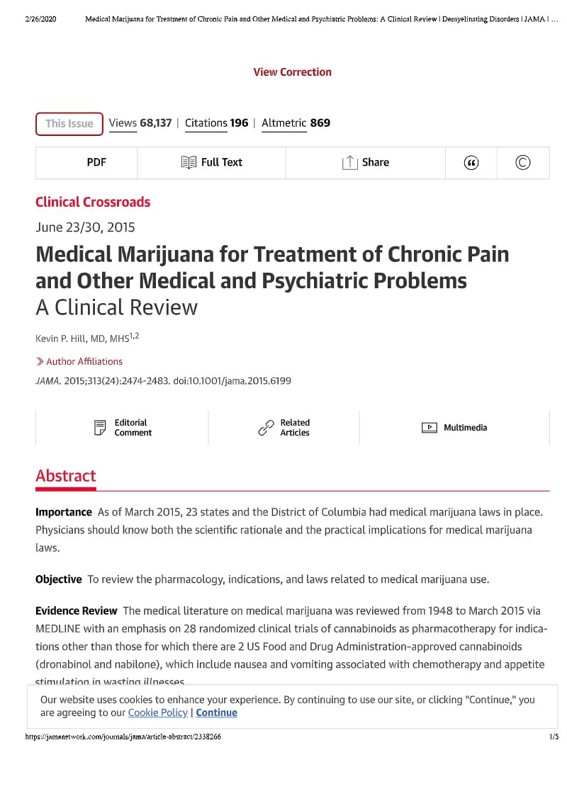 Capa: Medical Marijuana For Treatment Of Chronic Pain And Other Medical And Psychiatric Problems a Clinical Review