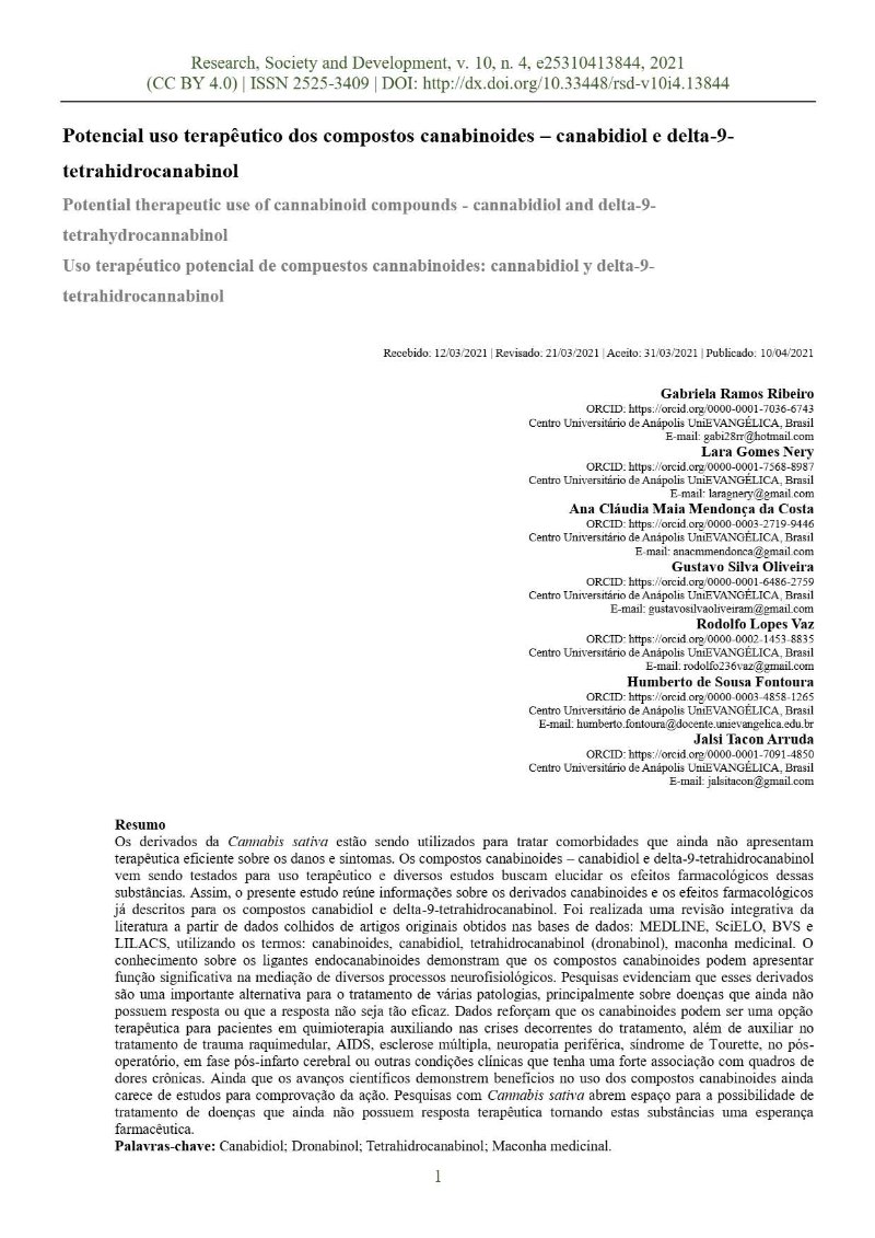 Capa: Potencial Uso Terapêutico dos Compostos Canabinoides –canabidiol e Delta 9 Tetrahidrocanabinol